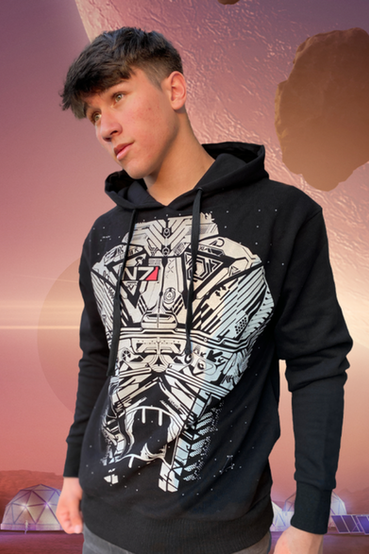 A black hoodie with a reflective print on the front that's modeled after Commander Shepard's iconic N7 armor from Mass Effect