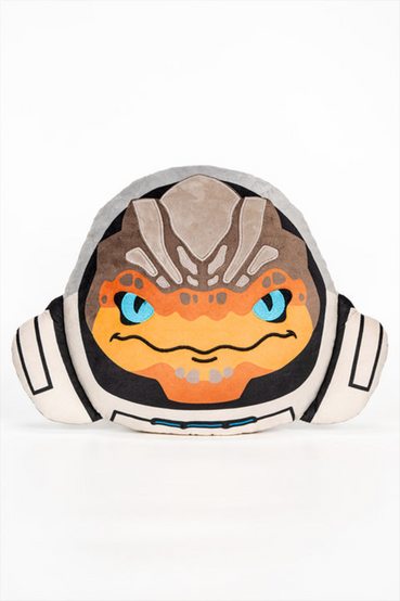 cute, chibi plush pillow  version of Urdnot Grunt from Mass Effect with embroidery and printed applique details