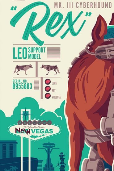 A stylized lithograph design of the Cyber-Hound Rex from Fallout: New Vegas by artist Tom Whalen. Rex is in the foreground, sitting while looking to the right, with a small 'no hats' icon above his head, while in the background is the New Vegas skyline done in a green and teal colorway