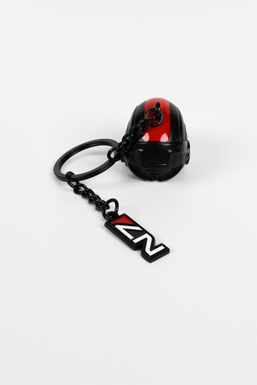 Commander Shepard from Mass Effect themed keychain, two piece keychain consisting of Commander Shepard's 3D sculpted helmet with red and blue enamel accents, and a N7 logo charm