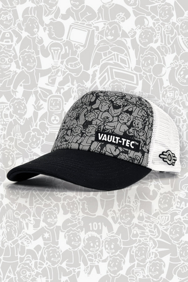 Snapback hat featuring a Vault Boy from Fallout perks collage print on the front, black bill, and white mesh panels on the sides with Vault-Tec logo and Fallout text logo tags