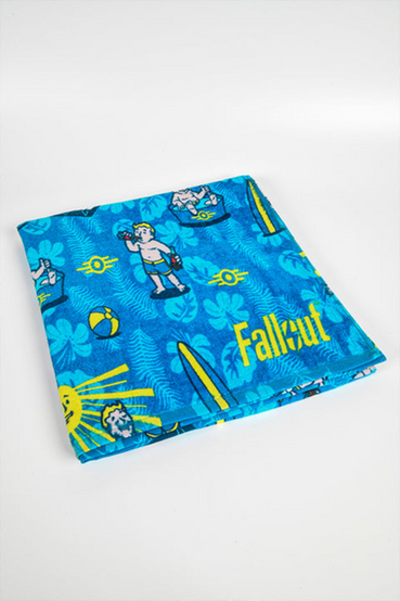 A Vault Boy from Fallout themed beach towel, featuring a repeating Vault Boy perks pattern in the foreground and teal tropical leaves on a blue in the background