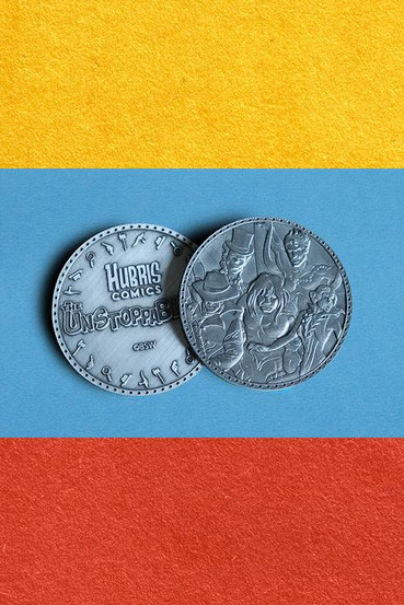 The Unstoppables! from Fallout fan club kit that contains: paper advertisements, felt wall pennant, Grognak the Barbarian soft enamel pin, collectible coin featuring the cast, .999 silver plated replica of The Silver Shroud's calling card, a set of 5 comic cover prints, personal letter from Manta Man, a meet the cast redeemable ticket, sticker sheet, and membership card