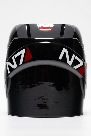 Ceramic planter modeled after Commander Shepard's helmet from Mass Effect, with hand-painted blue visor detail, blue and red accents, and the N7 insignia on the left side