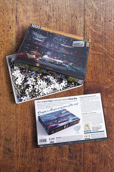 1,000 piece jigsaw puzzles featuring the Chryslus Showroom concept art from Fallout in 'day' and 'night' versions