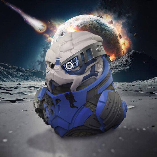 A rubber ducky collectable figure based on Garrus Vakarian from Mass Effect in his damaged Archangel armor as seen in Mass Effect 2