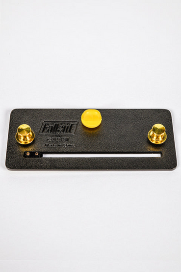 3 piece enamel pin set featuring the Karma system from Fallout: 1 karma level slider pin with a movable sliding thumb, 1 Vault Boy devil pin, and 1 Vault Boy angel pin. Comes with a Karma from Fallout themed gift box featuring Vault Boy as an angel and devil