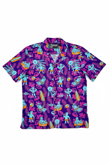 Vault Boy from Fallout themed button down Hawaiian shirt, featuring a repeating Vault Boy perks pattern in the foreground and fuschia tropical leaves on deep purple in the background