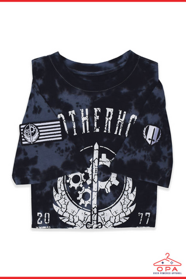 Brotherhood of Steel from Fallout design printed on a dark colored tie-dyed shirt. The Brotherhood of Steel gear logo and text that says Brotherhood of Steel Ad Victoriam is printed on the front, with a Paladin patch on the left sleeve, and flag patch on the right sleeve