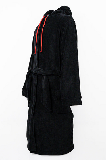 N7 from Mass Effect themed plush robe. Featuring a black exterior, red and black buffalo plaid interior with Spectre logo embroidery, the signature white/red N7 stripe on the right sleeve, and N7 insignia embroidered over the right chest. Matching red and black buffalo plaid slippers are also pictured