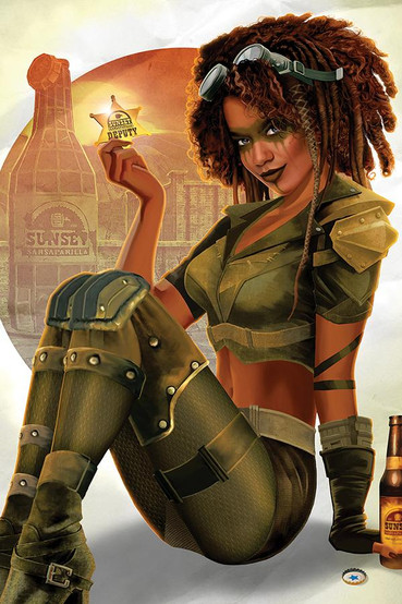 Raider from the Fallout series holding a gold Sunset Sarsaparilla deputy badge posed like a pin-up model, with the Sunset Sarsaparilla factory in the background