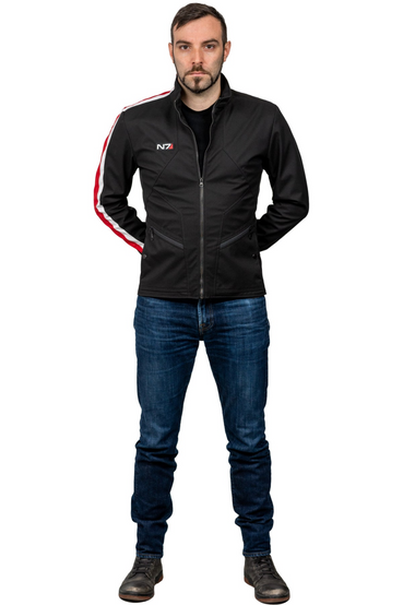 A very stylized Commander Shepard N7 jacket made out of waterproof tech fabric, with a silicone N7 patch over the right chest and signature white/red stripes running along the right sleeve