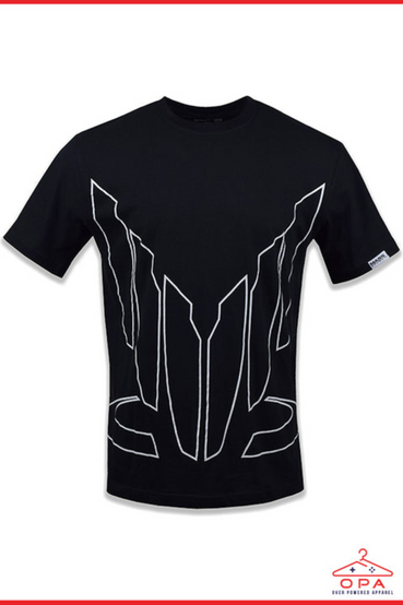A black cotton jersey t-shirt with a oversized Spectre logo from Mass Effect printed on the front, with a small Mass Effect brand hang tag on the left sleeve