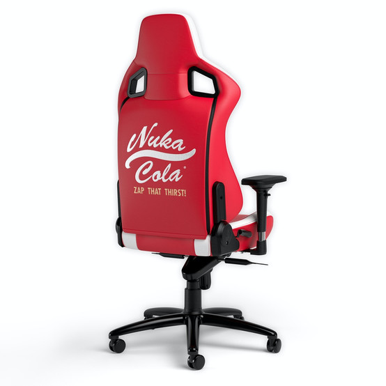 Nuka-Cola from Fallout themed gaming chair, done in red with white accent PU synthetic leather, featuring Nuka-Cola bottle cap and bottle rocket embroidered in white and stars embroidered in yellow on the chair. The back of the chair also features embroidery with the Nuka-Cola script logo in white in large format, with ZAP THAT THIRST! in yellow in small format right below