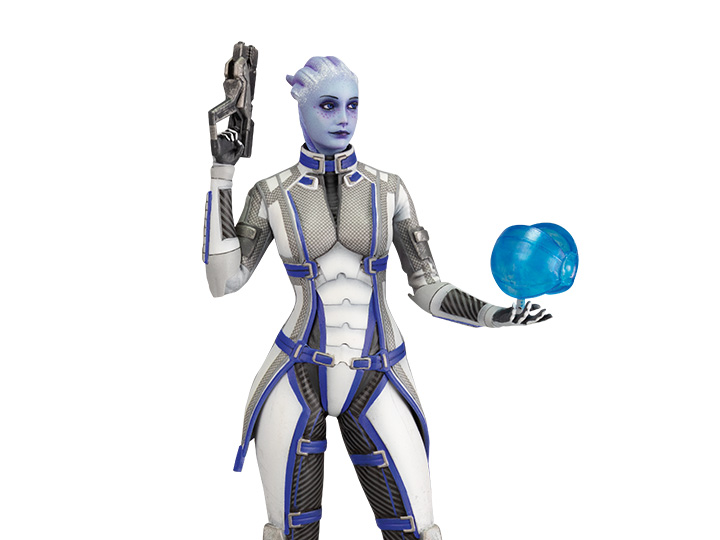PVC figure of Liara T'Soni from Mass Effect, as seen in her Mass Effect 3 outfit, with a heavy pistol in one hand and her trusty assistant Glyph in the other, standing on top of a black base with the Paragrade (Paragon and Renegade morality symbols combined)
