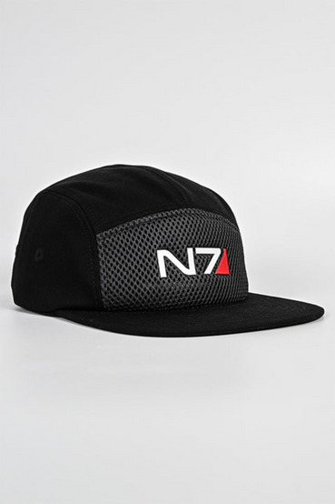 N7 from Mass Effect themed 5-panel camper hat, features the N7 logo in rubber print on the front on top of a mesh panel, with an adjustable strap with metal closure buckle on the back of the hat.