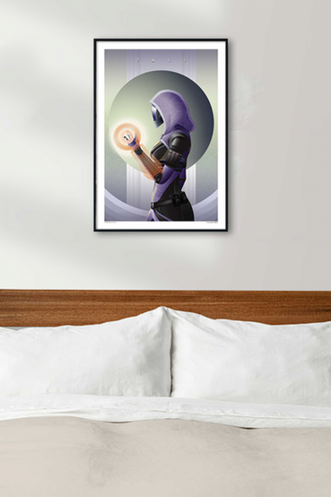 Tali Zorah from Mass Effect lithograph design showing her from the side and from the hip up, with her Omni-Tool raised up