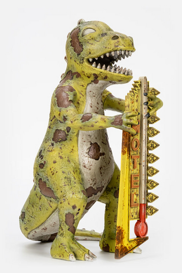 Polyresin statue based on the Dinky the T-Rex landmark as seen in Fallout: New Vegas. It shows a dinosaur holding a large motel sign with a built-in thermometer
