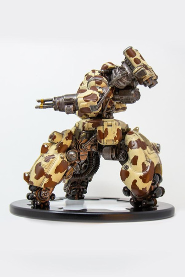 Bessie cow themed (tan with brown spots) Annihilator MKII Sentry Bot statue from Fallout 4