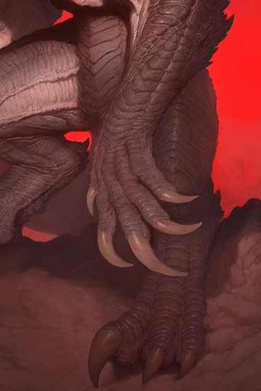 Deathclaw from Fallout lithograph with the creature standing and looking menacingly, with a dark red background