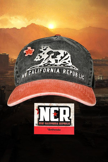 Vintage style black and red hat with the New California two headed bear logo on the front, also pictured with a large NCR logo enamel pin on a matching card backing