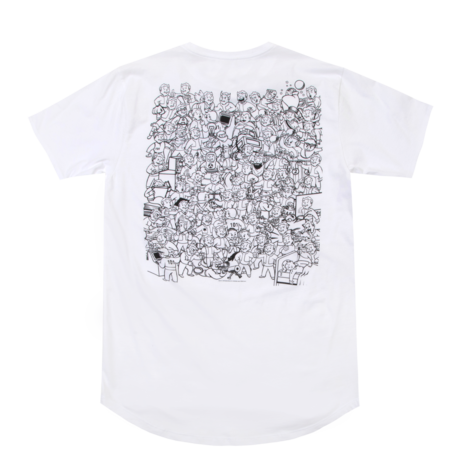 White long hem t-shirt with the Fallout text logo on the front, and Vault Boy perks collage printed on the back in black