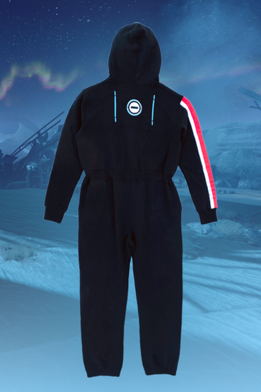 An N7 from Mass Effect themed onesie or kigurumi, which is all black and has the signature N7 red/white stripe on the right arm, N7 embroidery over the right chest, and custom N7 printed fabric on the hoodie