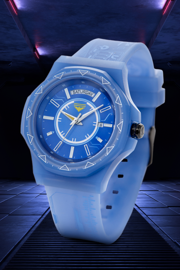 Garrus Vakarian from Mass Effect inspired sports watch by MSTR Watches or Meister Watches. It has a transparent polycarbonate case, sky blue printed translucent silicone band, with the Archangel logo printed on the back face of the watch