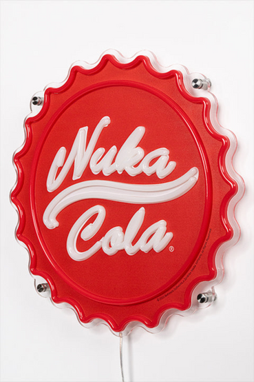 LED wall art of a Nuka-Cola bottle cap from the Fallout series, done in white lighting hose for the Nuka-Cola text, and red lighting hose for the actual bottle cap itself