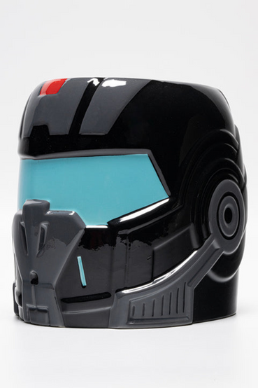 Ceramic planter modeled after Commander Shepard's helmet from Mass Effect, with hand-painted blue visor detail, blue and red accents, and the N7 insignia on the left side