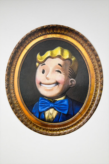 Lenticular print of Vault Boy from Fallout, it's a portrait style print that shows Vault Boy wearing a suit and bowtie doing his signature winking pose, the print also has an ornate oval frame