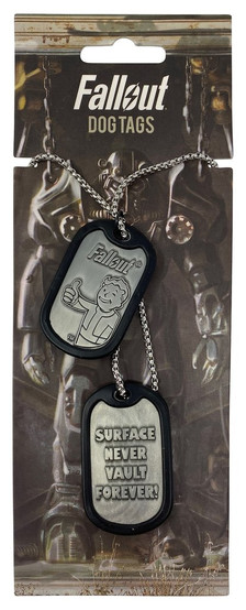 Fallout themed metal dog tag set on a necklace chain on a custom card backing featuring a power armor