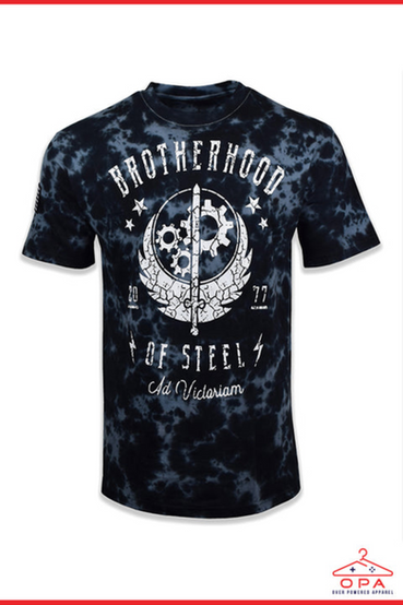Brotherhood of Steel from Fallout design printed on a dark colored tie-dyed shirt. The Brotherhood of Steel gear logo and text that says Brotherhood of Steel Ad Victoriam is printed on the front, with a Paladin patch on the left sleeve, and flag patch on the right sleeve