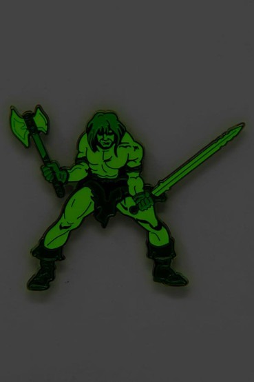 Glow in the dark Grognak the Barbarian comic book character from the Fallout series wielding an axe and sword as an enamel pin design