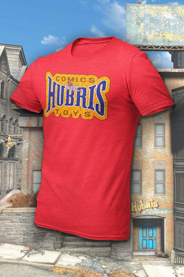Hubris Comics and Toys from Fallout logo on a red graphic t-shirt, with a matching Captain Cosmos and Jangles the Moon Monkey enamel pin set on a matching card backing