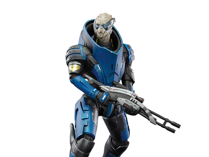 PVC figure of Garrus Vakarian from Mass Effect, sporting his Mass Effect 2 gear before you acquire him in your squad, trusty sniper rifle in hand, standing on top of a black base with the Paragrade (Paragon and Renegade morality symbols combined)