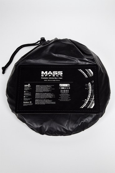A foldable sun visor or sun shade that features the Normandy SR-2 from Mass Effect printed on one side, with UV protection on the backside. Folds into a small circle to fit inside of a matching drawcord bag