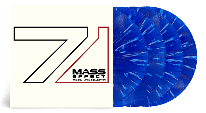 Mass Effect Trilogy: Vinyl Collection 4LP box set with a white cover and N7 logo outline in black and red, the box set folds out to reveal 4 blue splatter colored vinyls to represent Liara T'Soni