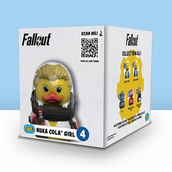 A collectible rubber ducky style figure based on Nuka Girl as seen in the Fallout series. TUBBZ cosplaying duck collectible figures are by Numskull Designs.