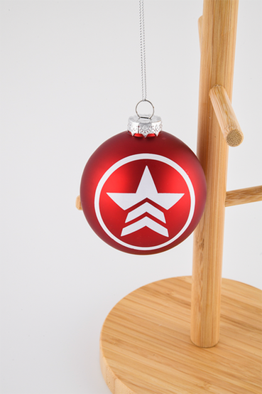 A set of 4, 3" in diameter glass ball ornaments with designs from Mass Effect: the classic N7 logo on black, Systems Alliance Navy on silver, Paragon on blue, and Renegade on red. Comes packaged in a black, Mass Effect branded display box, clear front window, and styrofoam insert inside