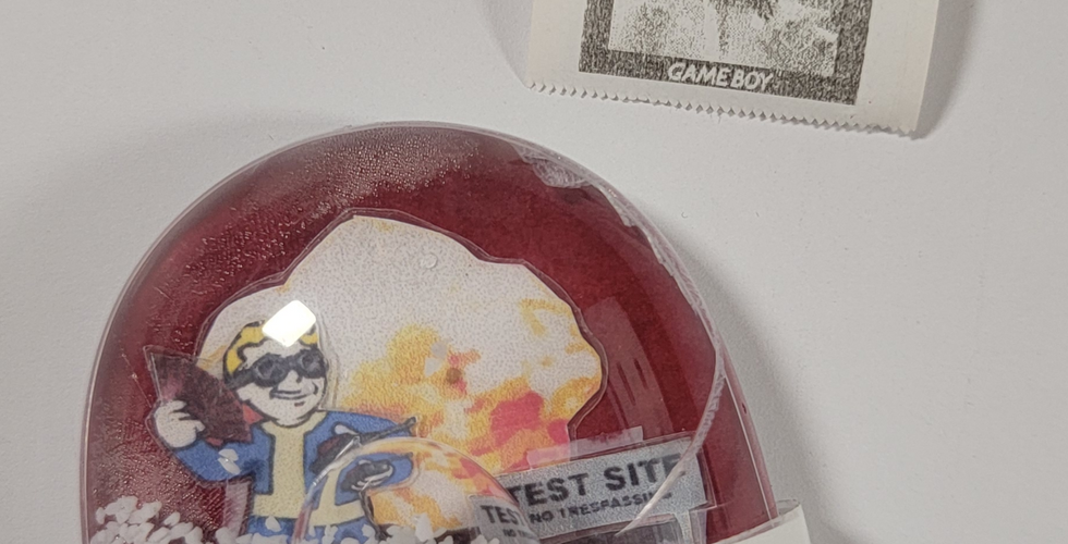 Handmade 'Test Site' snow globe from Fallout: New Vegas, and a small Gameboy Printer printout of a cosplayer wearing Nuka-Cola cat ears and a Vault 111 jumpsuit from Fallout 4