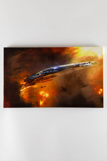 large stretched canvas print of the Normandy from Mass Effect 3 fighting the reapers with explosions and burning ships in the background