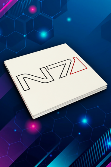 4 LP vinyl soundtrack set for Mass Effect. The front is all white with an N7 outline in black and red, and it folds out housing 4 colored vinyls in purple to represent Tali Zorah