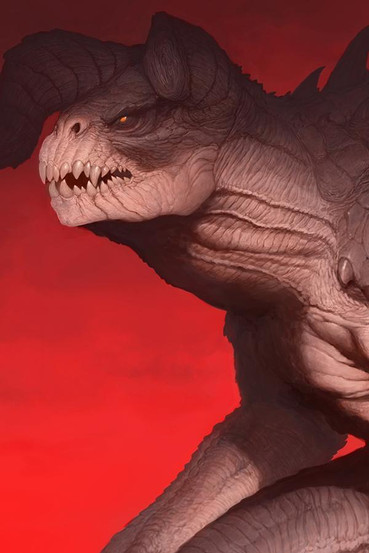 Deathclaw from Fallout lithograph with the creature standing and looking menacingly, with a dark red background