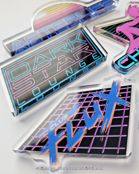 5 piece acrylic magnet set featuring the nightclubs of Mass Effect: Eternity Lounge, Dark Star Lounge, Chora's Den, Afterlife Club, and Club Flux