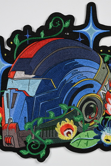 Oversized, chain stitched embroidered patch featuring the N7 breather helmet from Mass Effect, surrounded by colorful psychedelic stars and alien flora