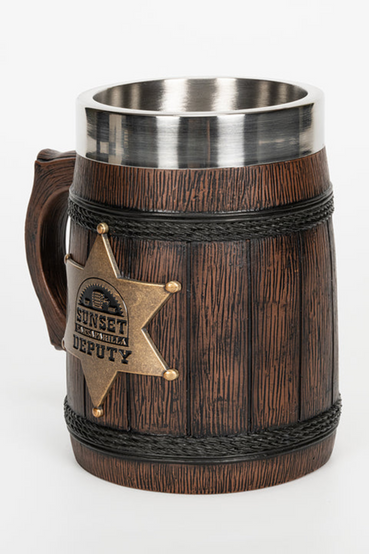 Fallout: New Vegas Sunset Sarsaparilla inspired stein mug featuring faux wood and rope stein made out of resin, a metal Sunset Sarsaparilla Deputy Badge made out of zinc alloy on the front of the stein, and a stainless steel cup insert that's removable 