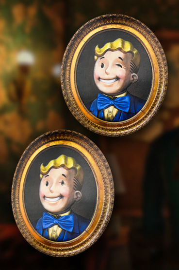 Lenticular print of Vault Boy from Fallout, it's a portrait style print that shows Vault Boy wearing a suit and bowtie doing his signature winking pose, the print also has an ornate oval frame