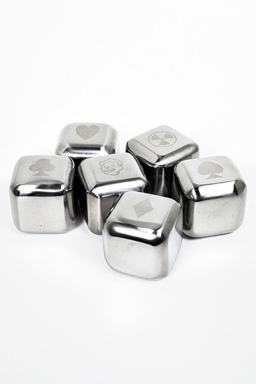 A set of 12 stainless steel whiskey stones, with Fallout: New Vegas etched designs and presented in a display box