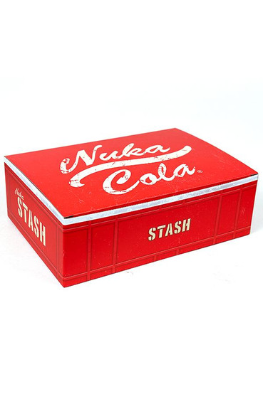 Nuka-Cola from Fallout stash box, with the following goodies inside: Nuka-Cola beanie, Nuka-Cola 'Maintain an pleasant and calm demeanor' wall bottle opener, New California Republic license plate, Vault-Tec bobby pins enamel pin, and Fallout: New Vegas casino game set enamel pin